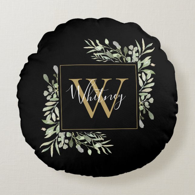 Gepersonaliseerde zwarte goudmonogram Greenery Flo Rond Kussen (Voorkant)