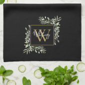 Gepersonaliseerde zwarte goudmonogram Greenery Flo Theedoek (Gevouwen)