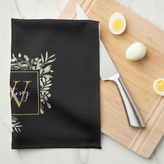 Gepersonaliseerde zwarte goudmonogram Greenery Flo Theedoek (Quarter Fold)