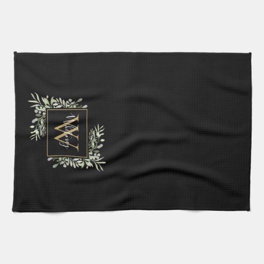 Gepersonaliseerde zwarte goudmonogram Greenery Flo Theedoek (Horizontaal)