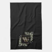Gepersonaliseerde zwarte goudmonogram Greenery Flo Theedoek (Verticaal)