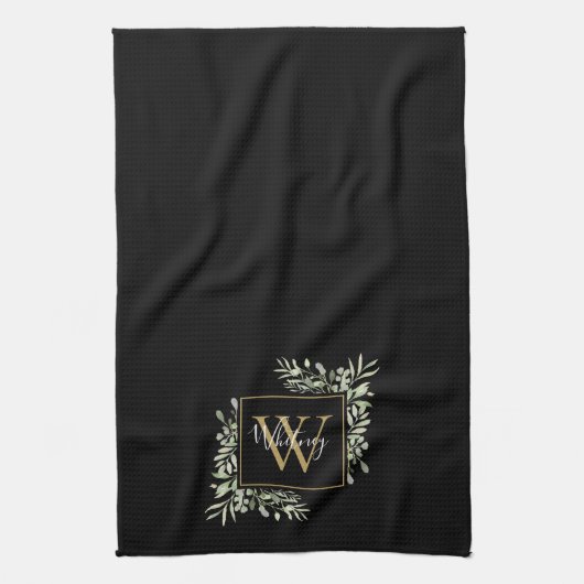 Gepersonaliseerde zwarte goudmonogram Greenery Flo Theedoek (Verticaal)