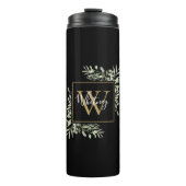Gepersonaliseerde zwarte goudmonogram Greenery Flo Thermosbeker (Voorkant)