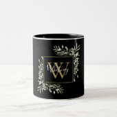 Gepersonaliseerde zwarte goudmonogram Greenery Flo Tweekleurige Koffiemok (Center)