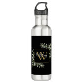 Gepersonaliseerde zwarte goudmonogram Greenery Flo Waterfles (Voorkant)