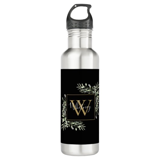 Gepersonaliseerde zwarte goudmonogram Greenery Flo Waterfles (Voorkant)