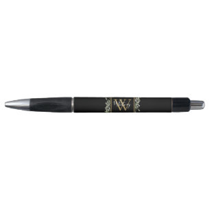 Gepersonaliseerde zwarte goudmonogram Greenery Pen