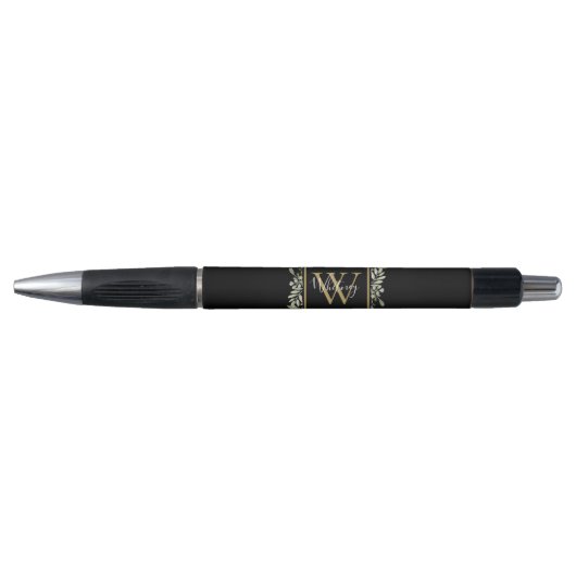 Gepersonaliseerde zwarte goudmonogram Greenery Pen (Voorkant)