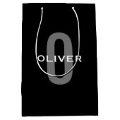 Gepersonaliseerde zwarte grijze monogram witte naa medium cadeauzakje (Voorkant)