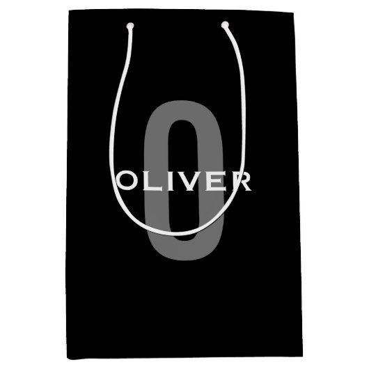 Gepersonaliseerde zwarte grijze monogram witte naa medium cadeauzakje (Voorkant)