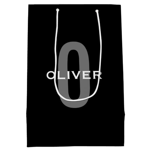 Gepersonaliseerde zwarte grijze monogram witte naa medium cadeauzakje (Achterkant)