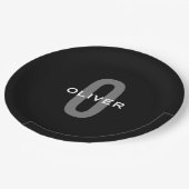 Gepersonaliseerde zwarte grijze monogram witte naa papieren bordje (Gekanteld)