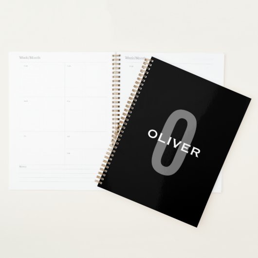 Gepersonaliseerde zwarte grijze monogram witte naa planner (Display)