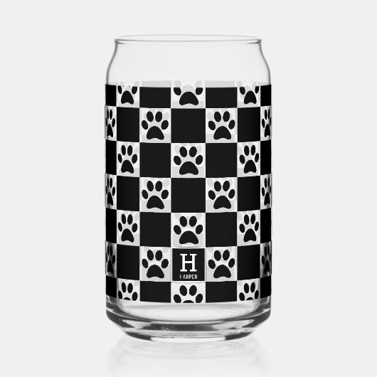 Gepersonaliseerde zwarte hond Paw Print Geruite pa Blikvorm Glas (Voorkant)