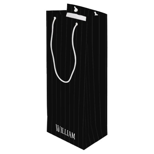 Gepersonaliseerde zwarte instripes wijn cadeautas (Achterkant Gekanteld)