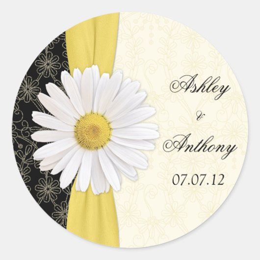 Gepersonaliseerde zwarte ivoor Daisy bruiloft stic Ronde Sticker (Voorkant)