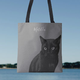Gepersonaliseerde zwarte kat Art Grijs Canvas tas