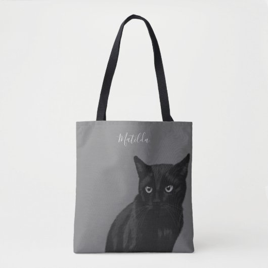 Gepersonaliseerde zwarte kat Art Grijs Canvas tas (Voorkant)