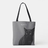 Gepersonaliseerde zwarte kat Art Grijs Canvas tas (Achterkant)