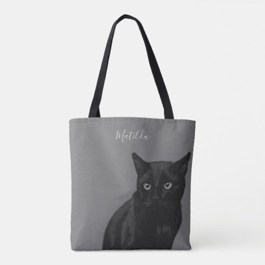 Gepersonaliseerde zwarte kat Art Grijs Canvas tas (Achterkant)