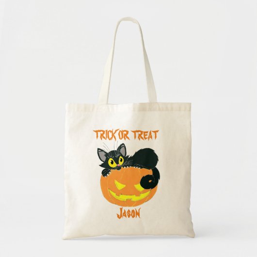 Gepersonaliseerde zwarte kat en pompoenTrick or tr Tote Bag (Voorkant)