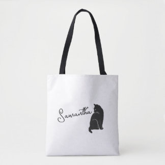 Gepersonaliseerde zwarte kat kijkt terug tote bag