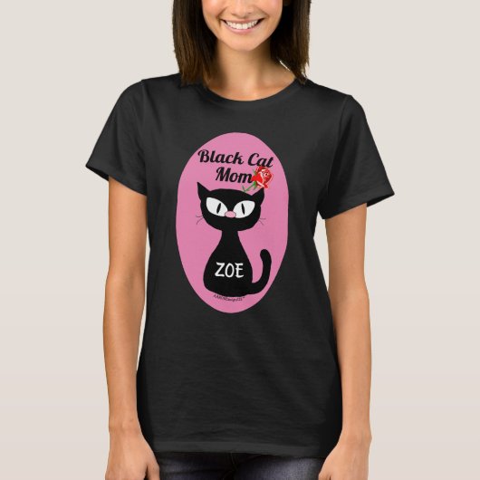 Gepersonaliseerde zwarte kat mama met Red Rose T-shirt (Voorkant)