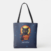 Gepersonaliseerde zwarte kat met pompoen Halloween Tote Bag (Achterkant)