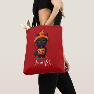 Gepersonaliseerde zwarte kat met pompoen Halloween Tote Bag
