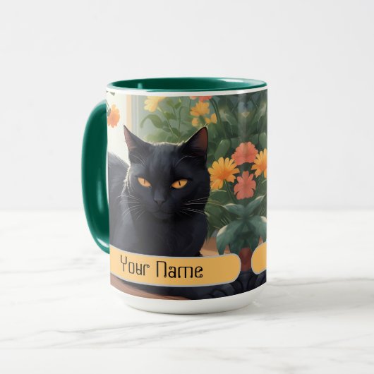 Gepersonaliseerde zwarte kat met potbloemen mok (Voorkant links)