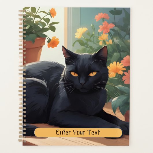 Gepersonaliseerde zwarte kat met potbloemen planner (Voorkant)