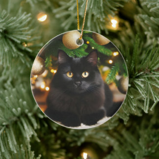 Gepersonaliseerde zwarte kat voor de kerstboom keramisch ornament