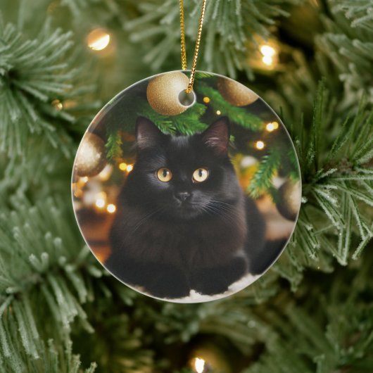 Gepersonaliseerde zwarte kat voor de kerstboom keramisch ornament (Boom)
