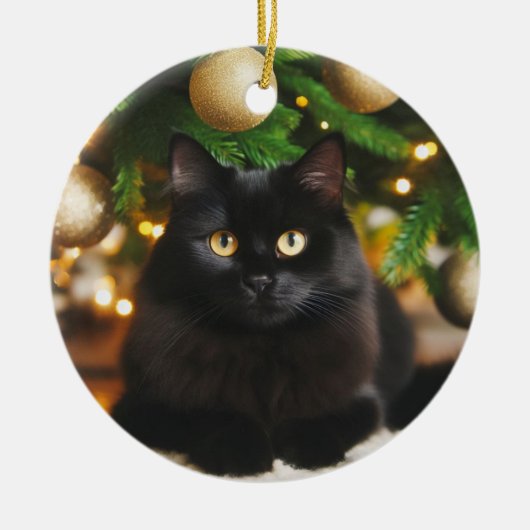 Gepersonaliseerde zwarte kat voor de kerstboom keramisch ornament (Voorkant)