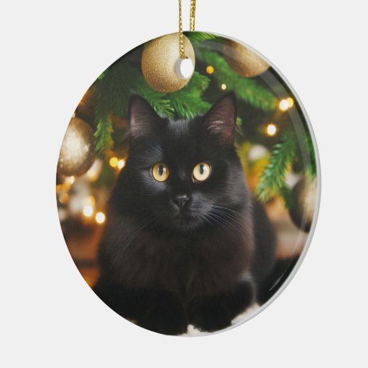 Gepersonaliseerde zwarte kat voor de kerstboom keramisch ornament (Links)