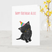 Gepersonaliseerde zwarte kitten-verjaardagskaart kaart (Gele Bloem)