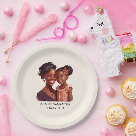 Gepersonaliseerde zwarte mam en dochter (10) papieren bordje (Feest)