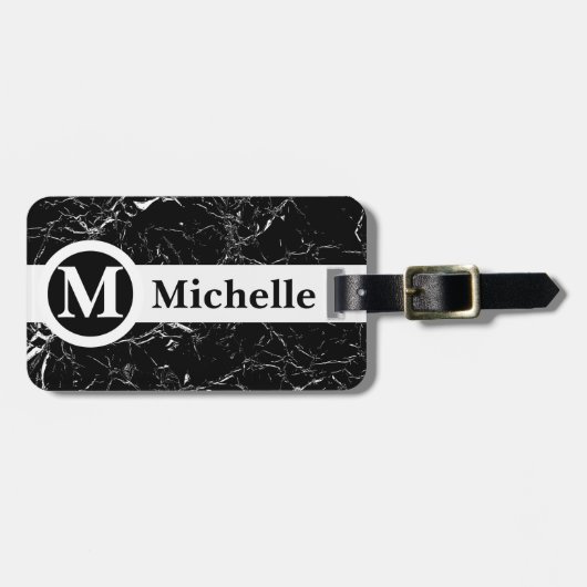 Gepersonaliseerde zwarte marmer-centrale bagagelabel (Voorkant horizontaal)