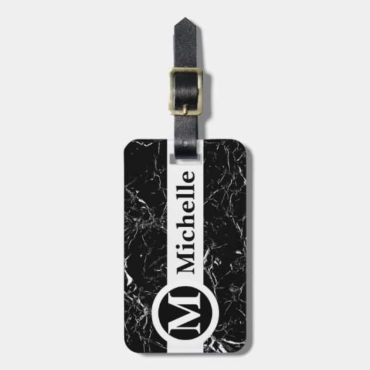 Gepersonaliseerde zwarte marmer-centrale bagagelabel (Voorkant verticaal)