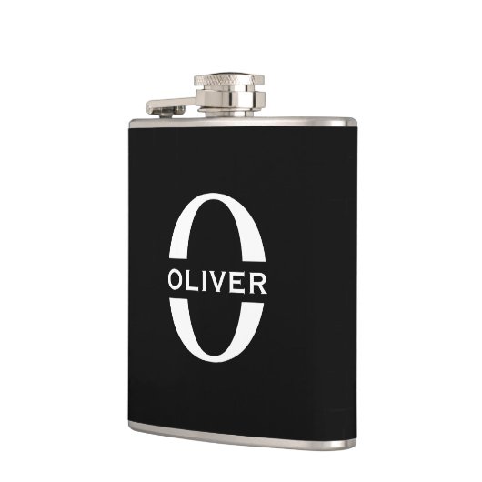Gepersonaliseerde zwarte monogram en witte naam heupfles (Links)