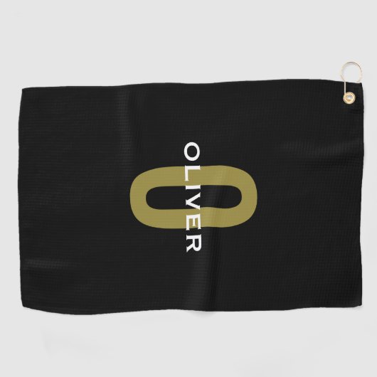 Gepersonaliseerde zwarte monogram Gold White Name Golfhanddoek (Horizontaal)
