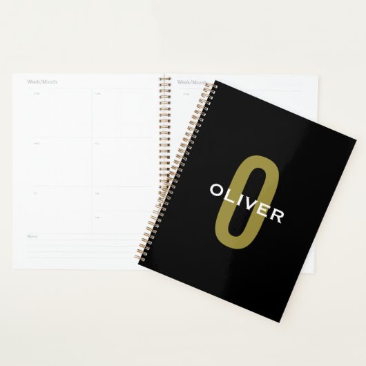 Gepersonaliseerde zwarte monogram Gold White Name Planner (Display)