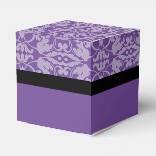 Gepersonaliseerde zwarte & Paarse Damask Cube Favo Bedankdoosjes (Achterkant)