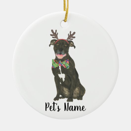 Gepersonaliseerde zwarte Pitbull Staffy Antlers Bo Keramisch Ornament (Voorkant)