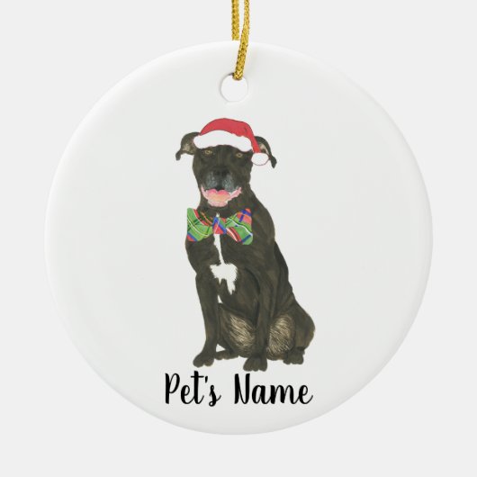 Gepersonaliseerde Zwarte Pitbull Staffy Santa Hat Keramisch Ornament (Voorkant)