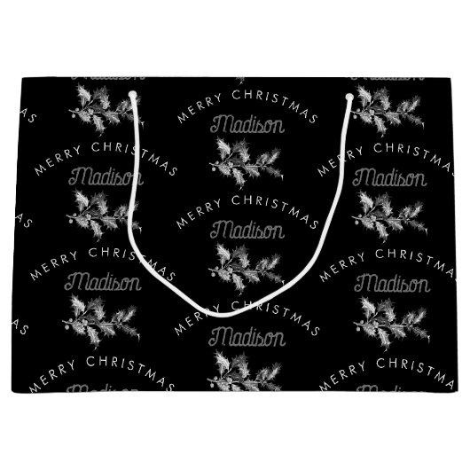 Gepersonaliseerde zwarte retro Merry Christmas Mon Groot Cadeauzakje (Voorkant)