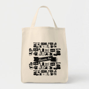 Gepersonaliseerde zwarte Retro-telefoonpatroon Tote Bag