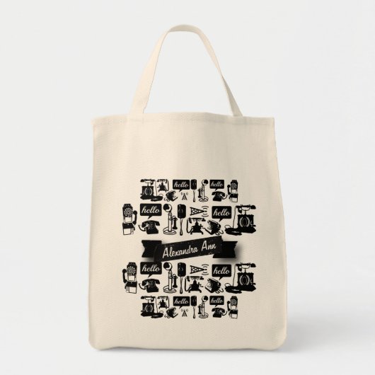 Gepersonaliseerde zwarte Retro-telefoonpatroon Tote Bag (Voorkant)