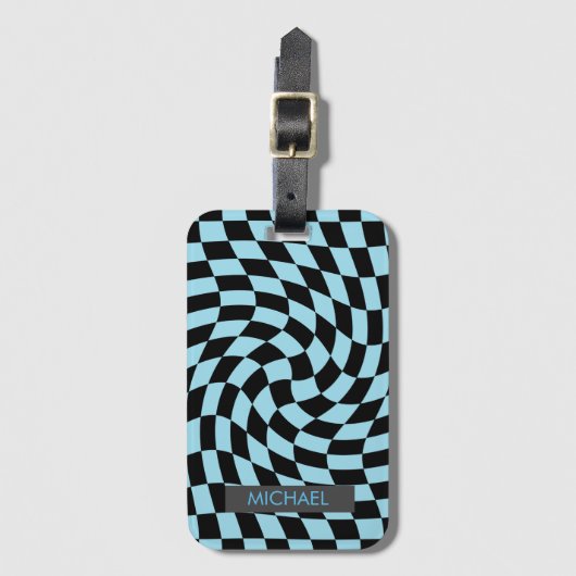 Gepersonaliseerde zwarte Retro Warped Blauw Gecont Bagagelabel (Voorkant (verticaal))