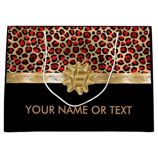 Gepersonaliseerde zwarte rode luipaard Golden BOW Groot Cadeauzakje (Voorkant)